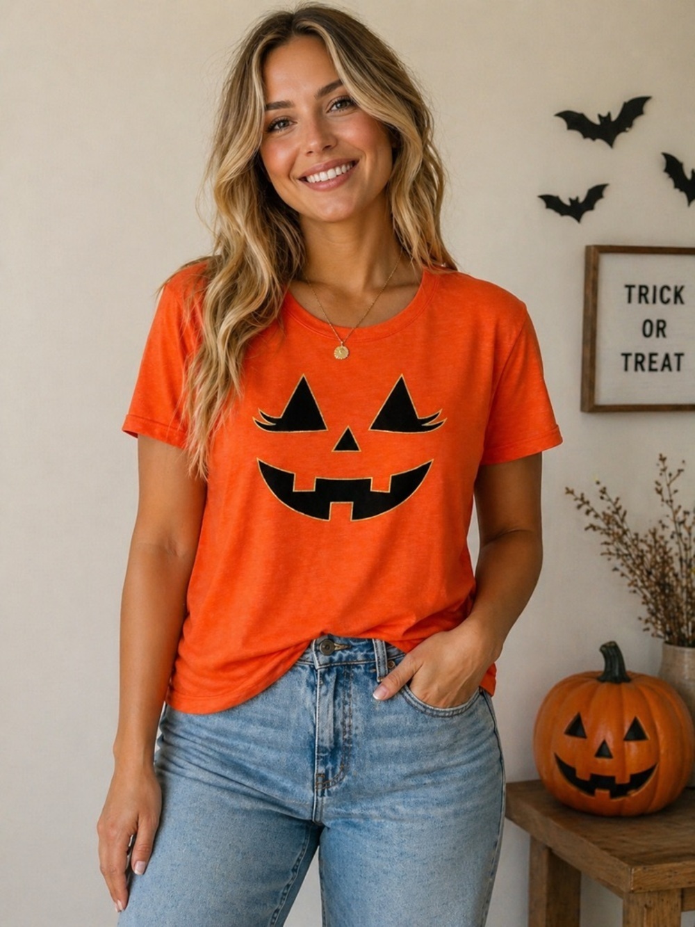 Women's Orange Jack-O'-Lantern Short Sleeve Graphic Tee NWT